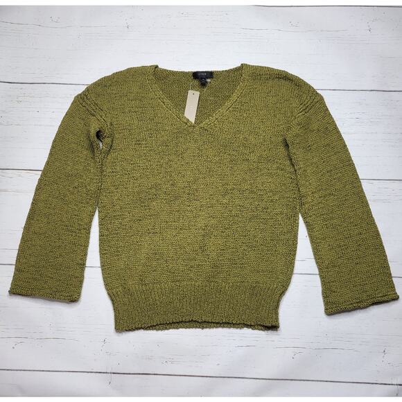 J. Crew Swing Flare Sleeve Sweater V Neck Olive Green Textured Knit Cotton XS - Picture 1 of 7